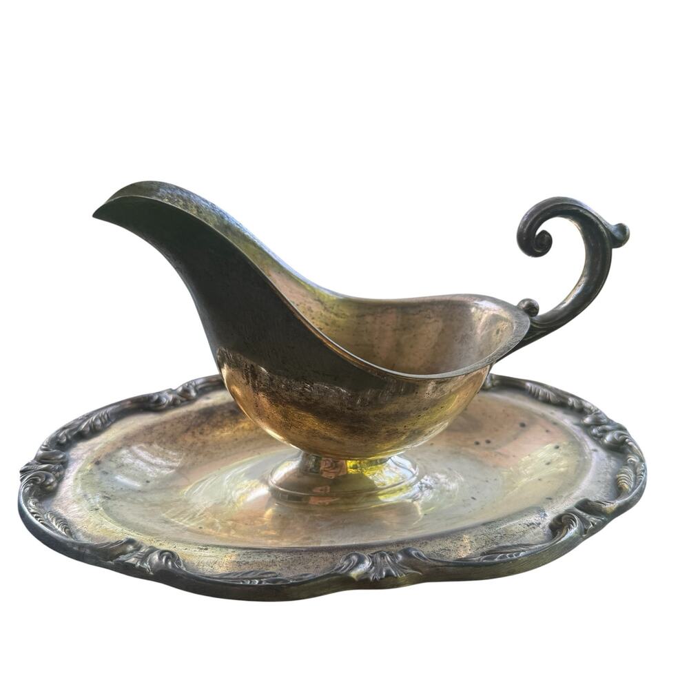 Vintage Silver Plated Gravy Boat with Attached Underplate Scroll Handle